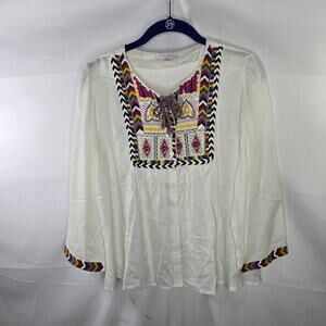 Crystal & Violet Cream Multicolor Peasant Boho Blouse Size Small